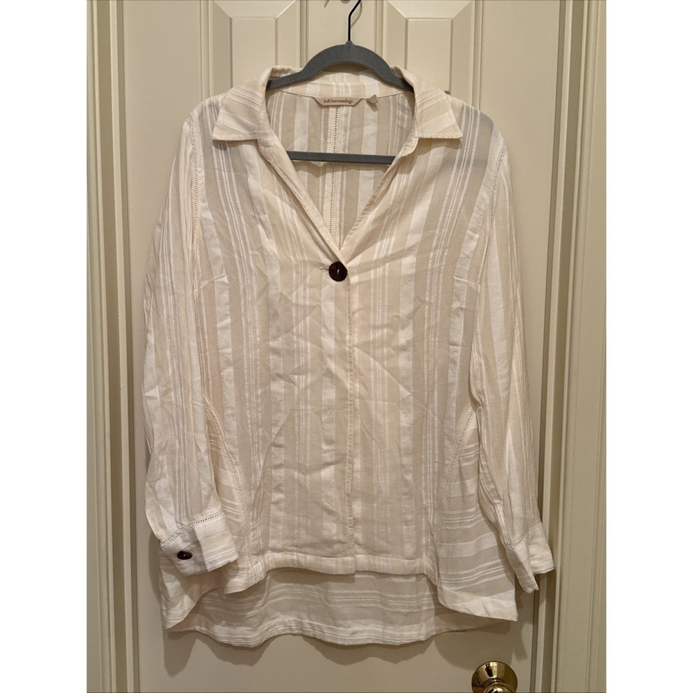 Soft‎ Surroundings Blanca Blouse Size M Ivory Striped Long Sleeve V-neck Cotton
